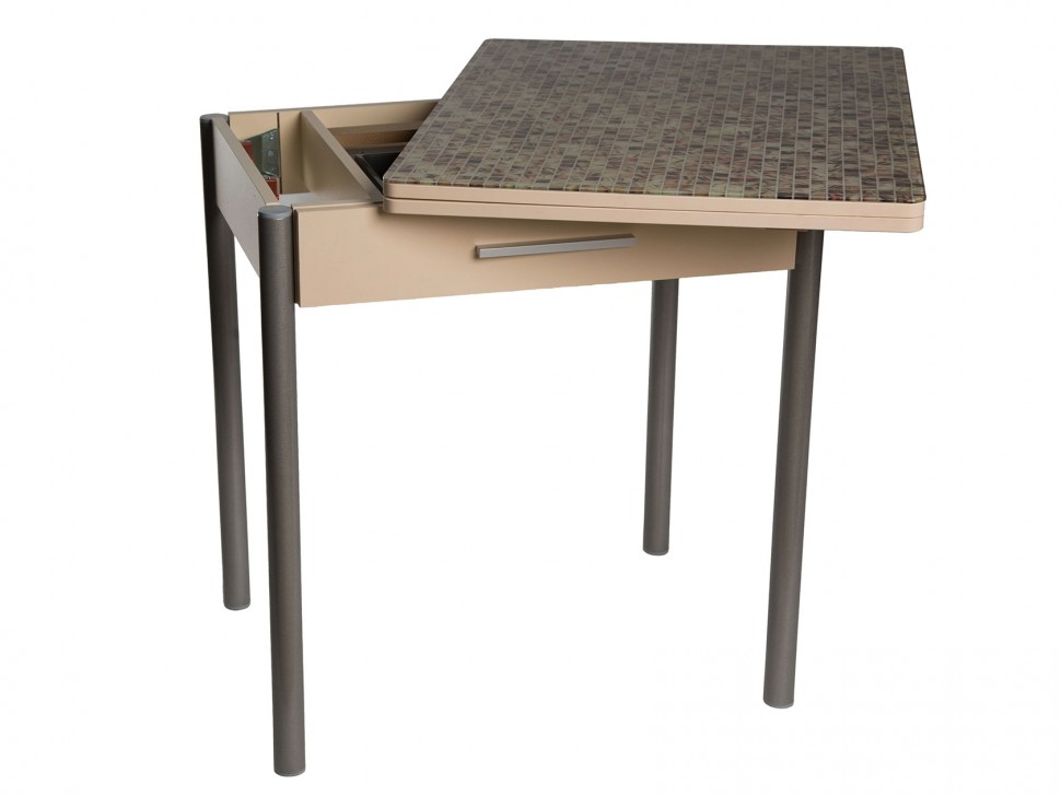 Кухонный стол DP-010306101 Стол ДП1-03-06 800х600 (1200) М37 "Милагро" стекло "Мозаика бежевая"/крем, Ноги для стола прямые (металлик)